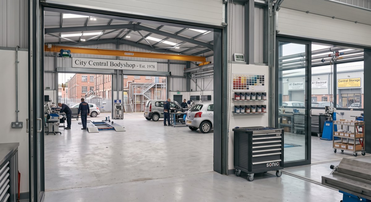 Inside a busy UK bodyshop, technicians working on cars