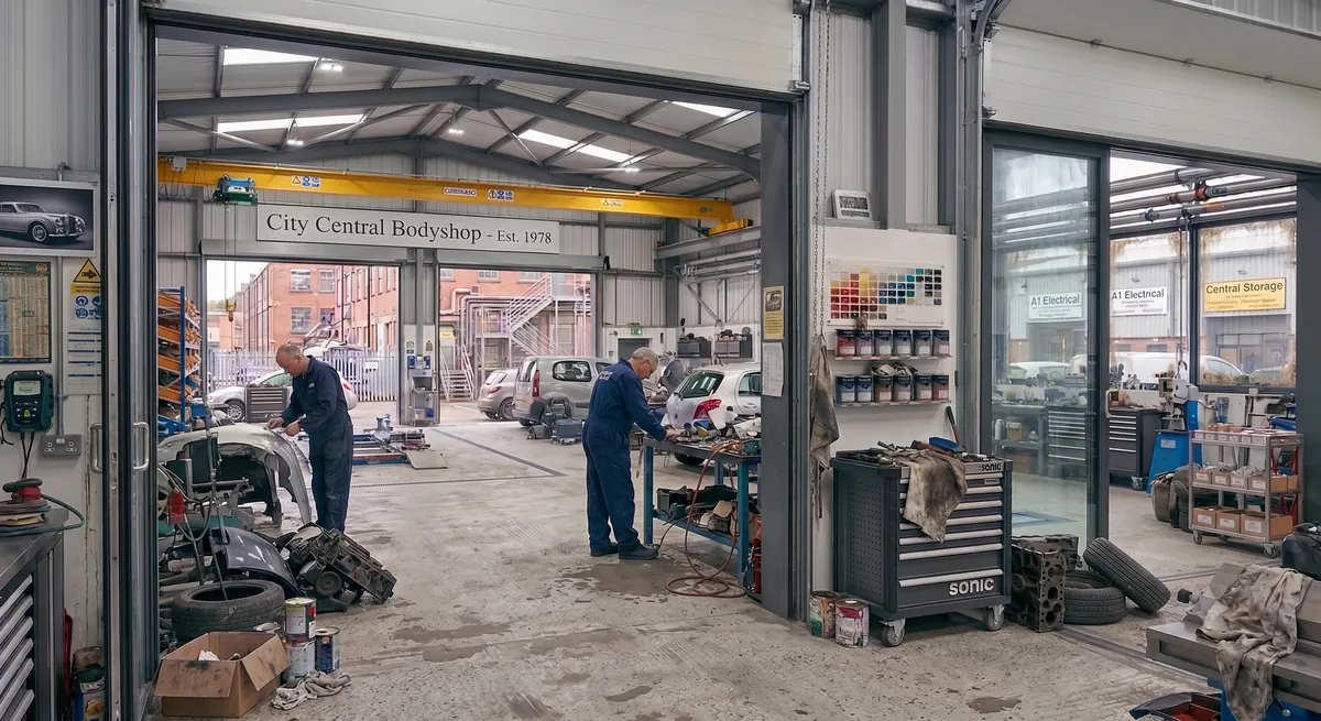 Technicians repairing cars inside a working UK bodyshop, panels and tools mid-job